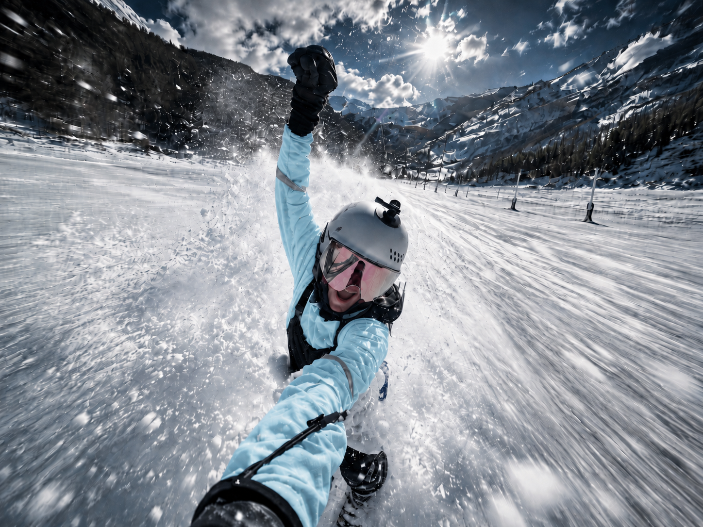 Dani riding deep Park City powder, arm raised mid-turn