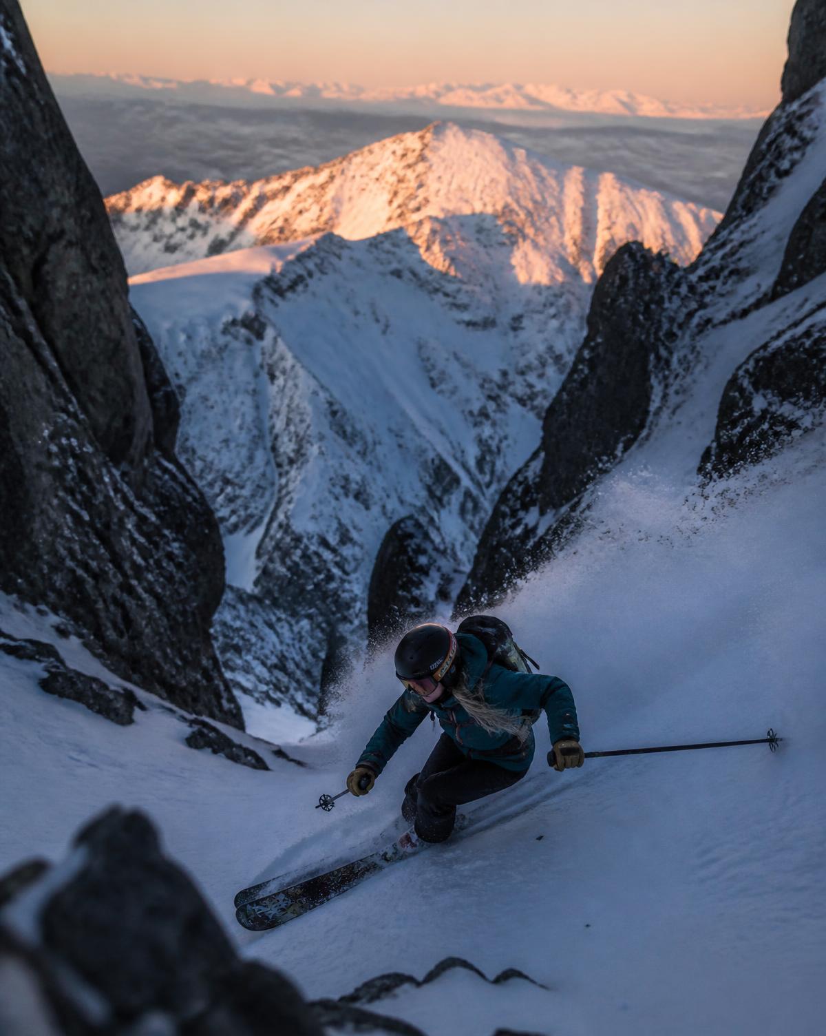 Dani Cozy of Cozy Method skiing a steep Wasatch backcountry couloir at alpenglow