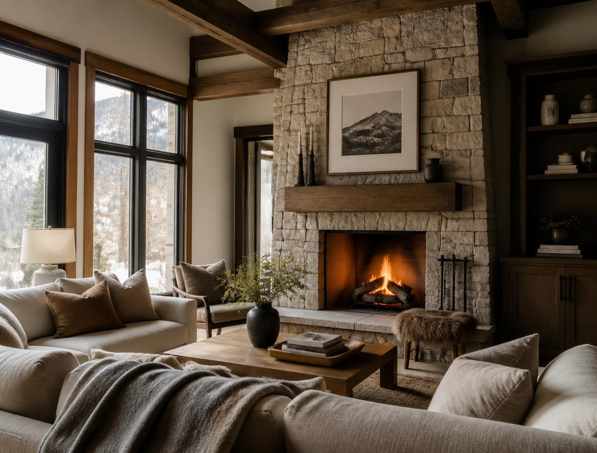 Cozy Method Park City luxury living room with a lit stone fireplace